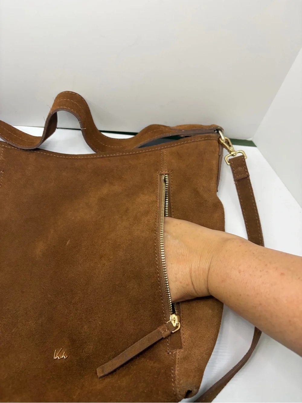 Cognac Brown Suede Leather Bohemian Hobo Crossbody Multi Gold Zipper Purse Bag